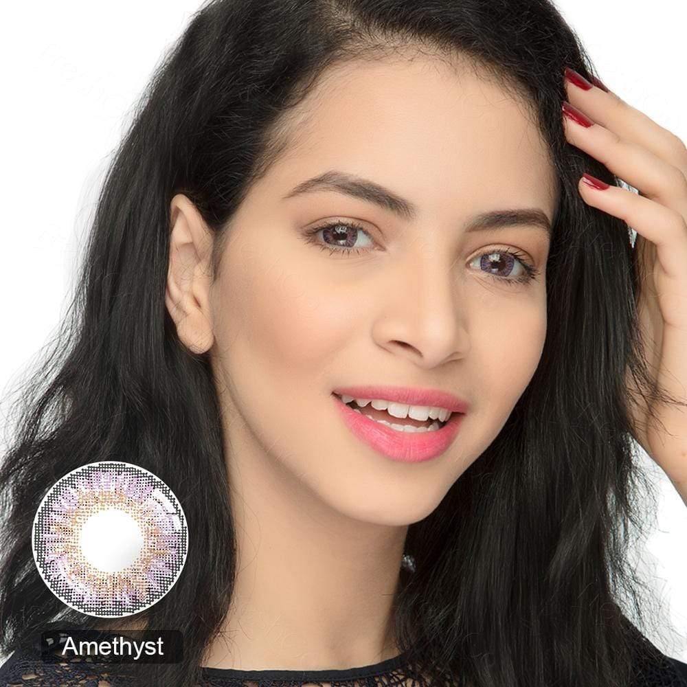 Woman wearing 3-Tone Amethyst purple contacts on dark eyes